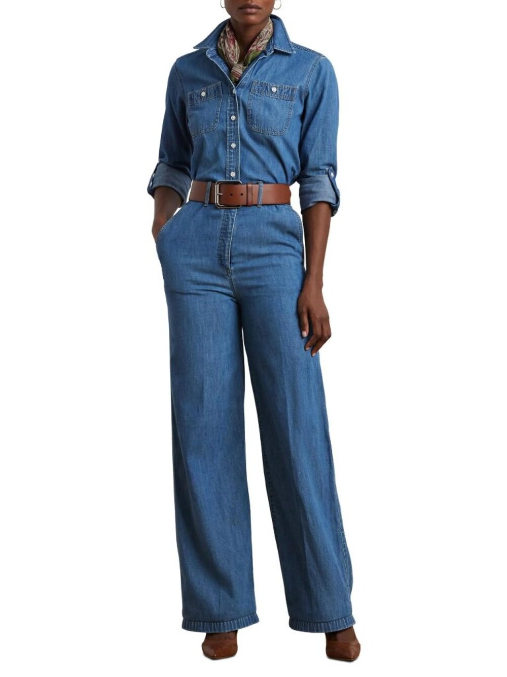 NWT Lauren Ralph Lauren Long Sleeve Denim Wide Leg Jumpsuit Opal Wash Size 2
